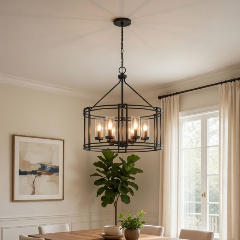 6 Light Chandelier, Caged Round Oval, Glass Shades, Black Metal 24 Inch image number 1