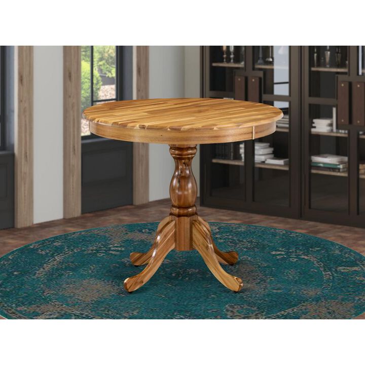East West Furniture Round Dining Table Natural Acacia Color Table Top Surface and Asian Wood Round Table Pedestal Legs -Natural Acacia Finish
