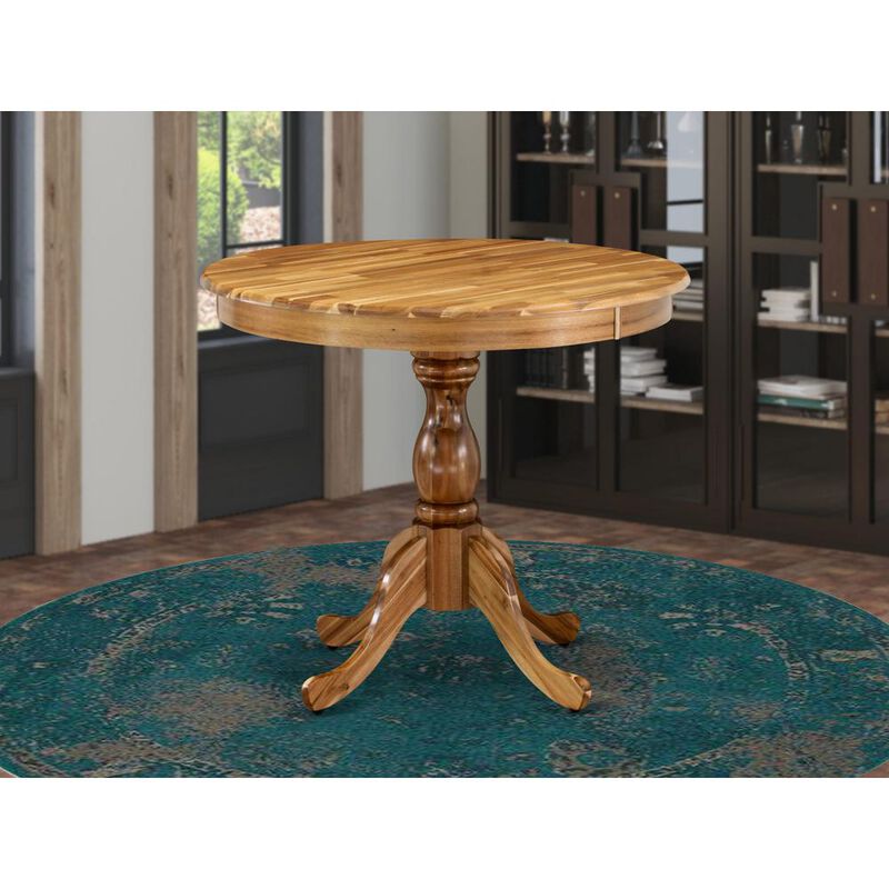 East West Furniture Round Dining Table Natural Acacia Color Table Top Surface and Asian Wood Round Table Pedestal Legs -Natural Acacia Finish