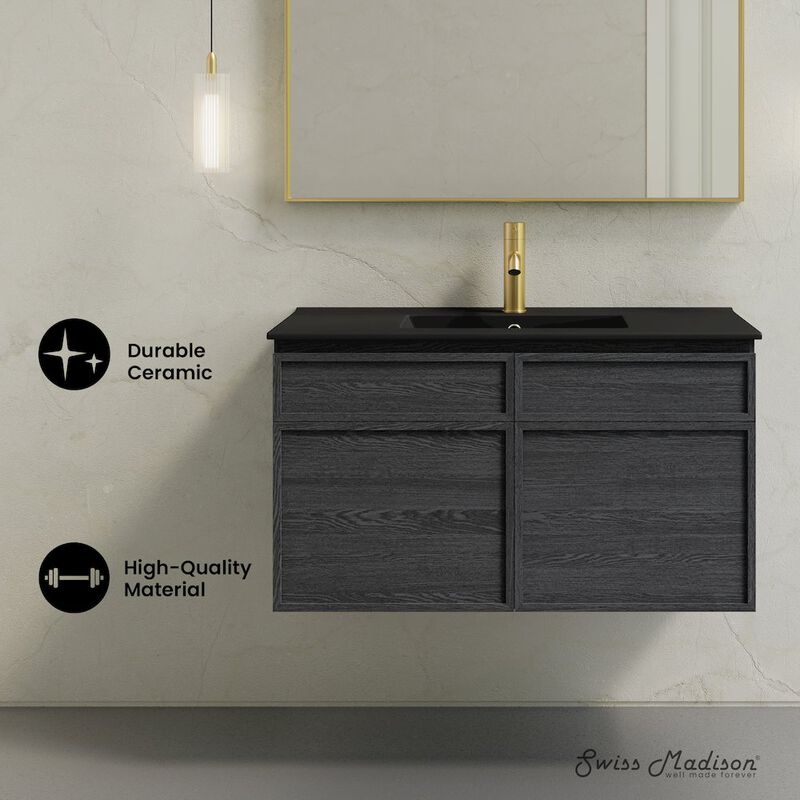 St. Tropez 36" Wall-Mounted Bathroom Vanity in Black Oak with Black Sink Top image number 6