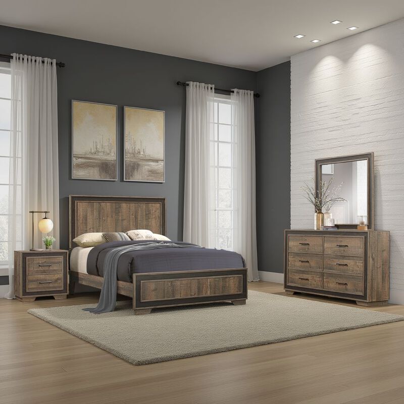 Shelli 4 Pc Queen Size Bedroom Set, Wood Planks, Mahogany Brown