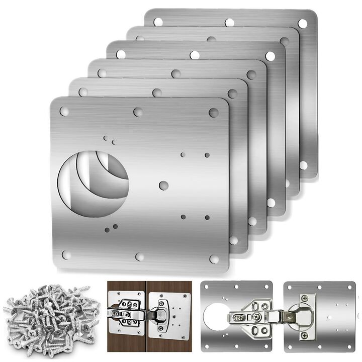 6 Pcs Cabinet Door Hinge Repair Plates, Cabinet Hinge Repair Board Replacement Kit, Metal Hinges Repair Fixing Plates with Screw