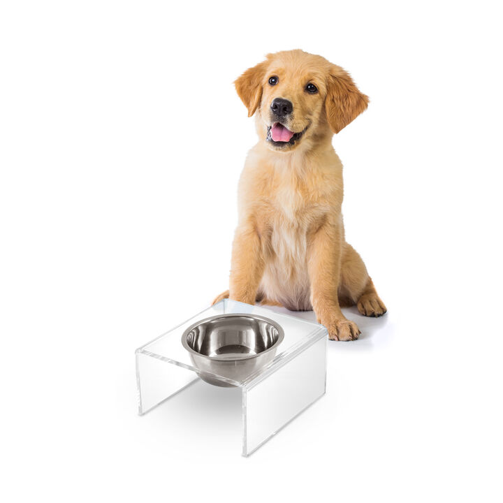 Keaton Modern Acrylic Rectangular Elevated Pet Feeder with Stainless Steel Bowls