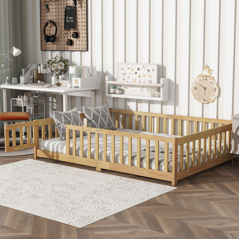 Whisen Full-Size Floor Bed with Safety Enclosure and Door, Rubber Wood Frame with Guardrail Fence image number 2