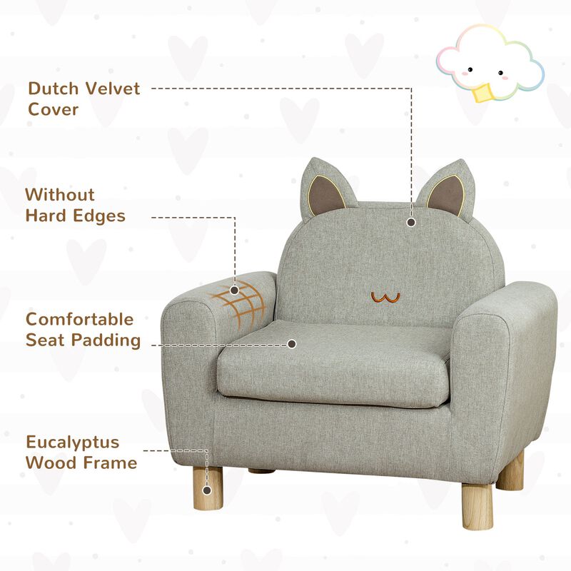 Grey Toddler Seat: Cat Ear Backrest Armchair with Wooden Legs