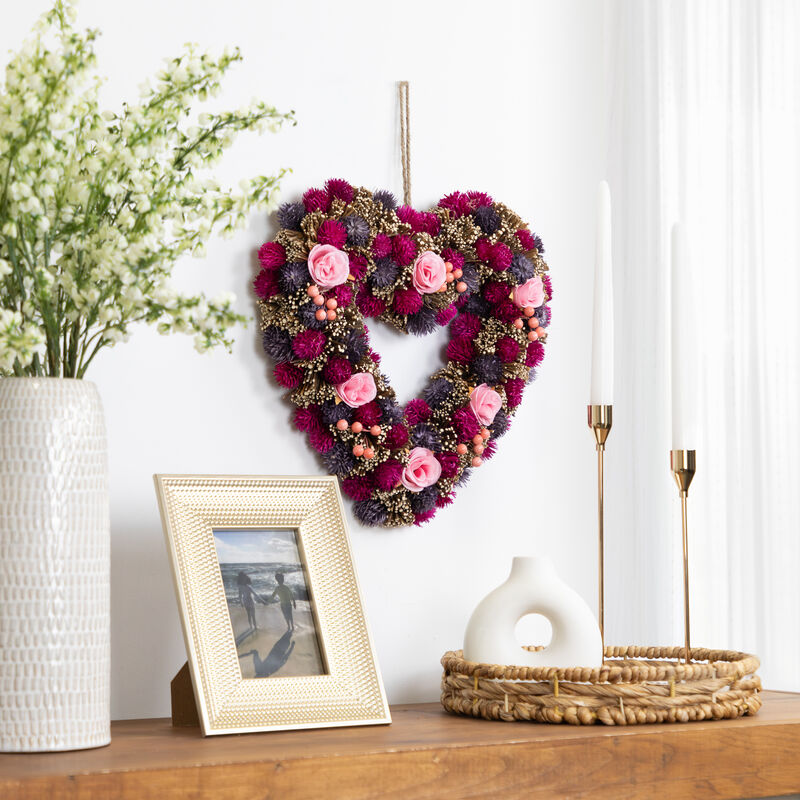 Floral and Twig Artificial Heart Valentine's Day Wreath - 13.5-Inch - Pink and Purple image number 1