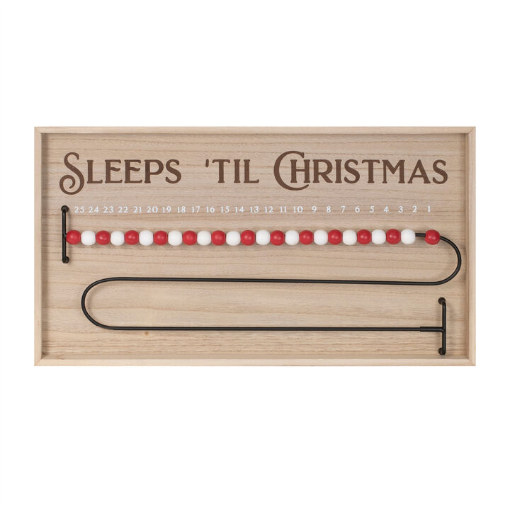 HomeRoots 11" X 20" Natural And Red  Wood Sleeps 'Til Christmas Advent Calendar Hanging Wall Decor