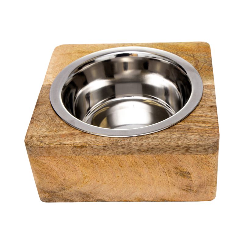 Country Living Elegant Stainless Steel Dog Bowl with Square Mango Wood Holder, Perfect for Modern Pet Homes – 1 qt