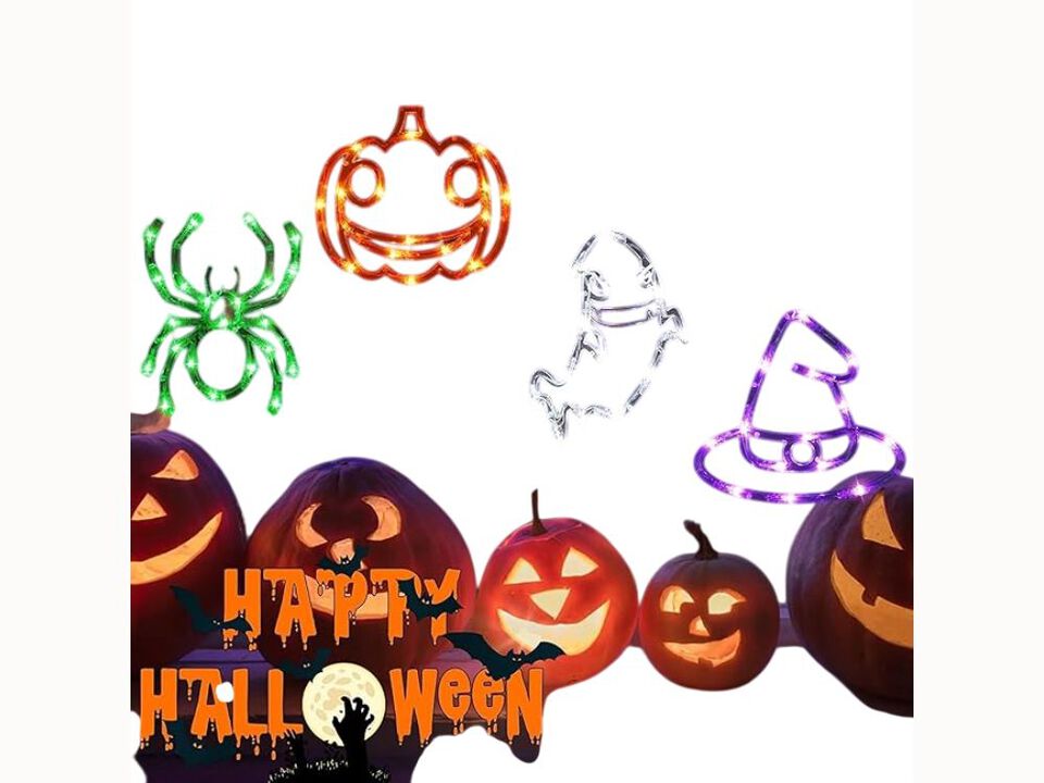 4-Pack Halloween Window Lights – Pumpkin, Ghost, Witch Hat & Spider Battery Operated with Suction Cups & Timer for Indoor Decor