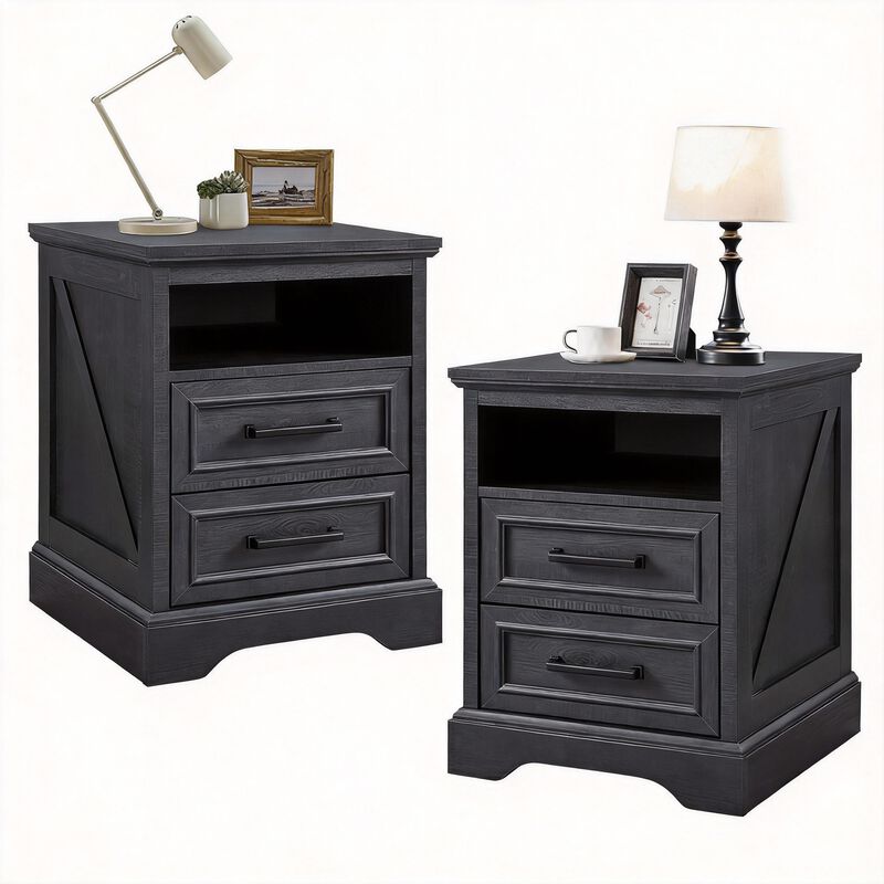 18" Farmhouse Nightstand with Charging Station, 2 Drawers, USB & AC Ports