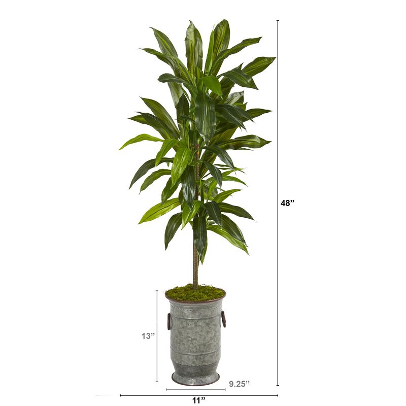 Hivvago 4" Dracaena Artificial Plant in Vintage Metal Planter (Real Touch)