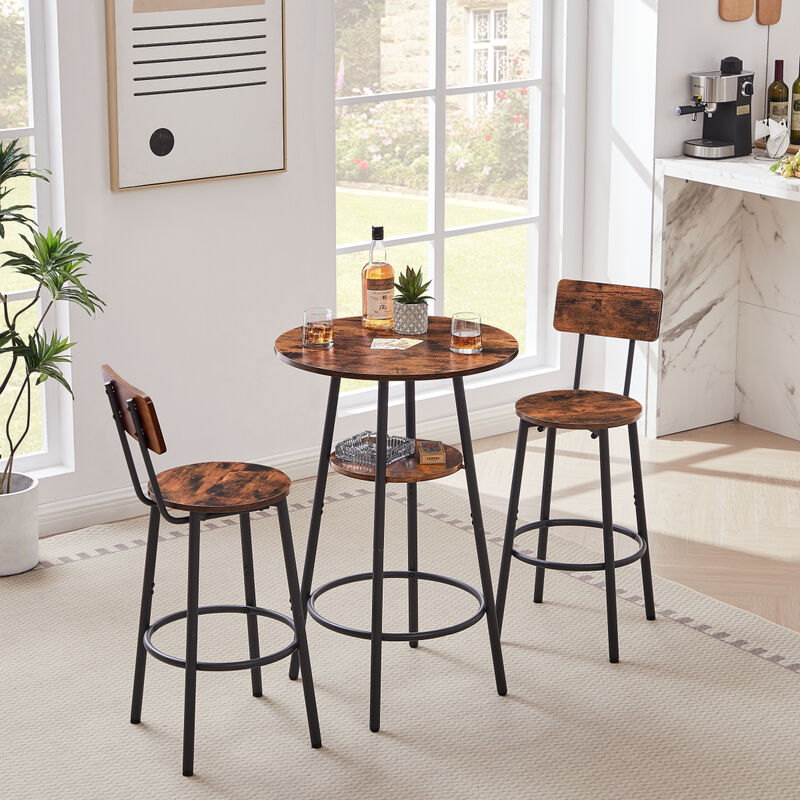 Round Barstool set with shelves, stool with backrest Rustic Brown, 23.6" Dia x 35.4" H