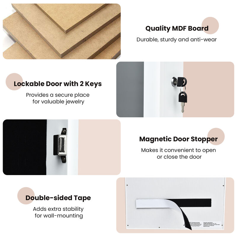 Lockable Wall Mount Mirrored Jewelry Cabinet with LED Lights