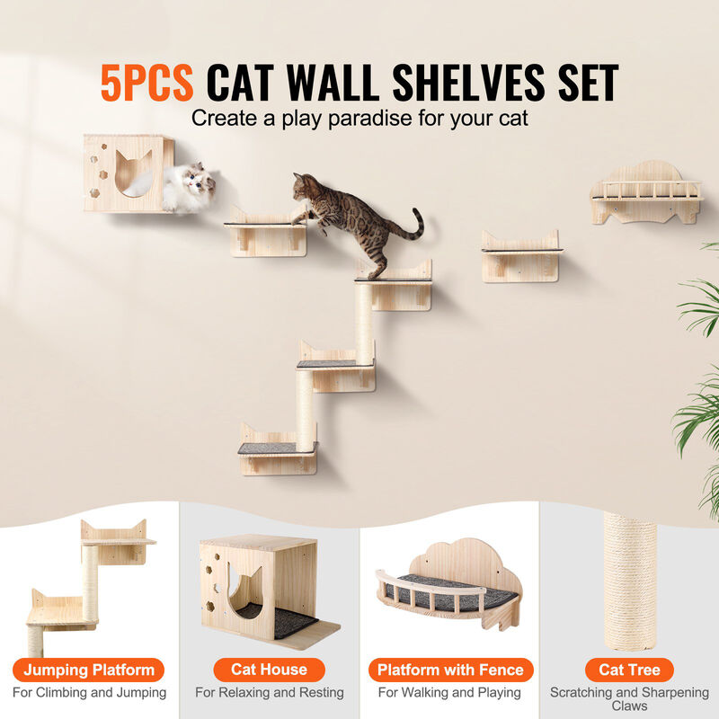 Wall Mounted Cat Shelves Tree with Jumping Boards Nest Furniture Set of 5