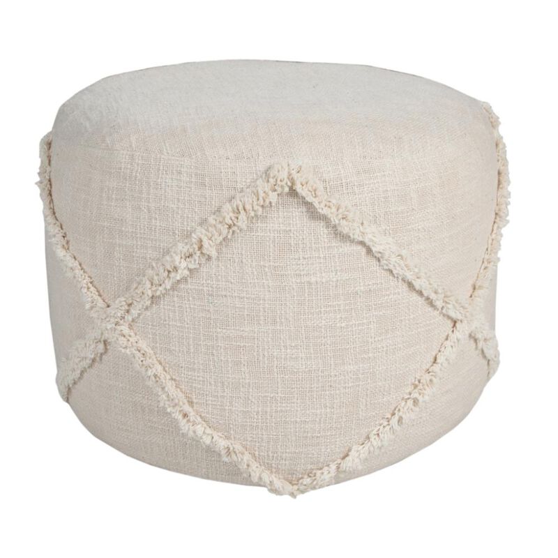 Hivvago 18 Inch Cream Cotton Cylinder Geometric Pouf Ottoman