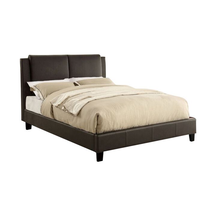 Elegant Wooden Queen Bed With Brown PU Head Board, Brown - Benzara