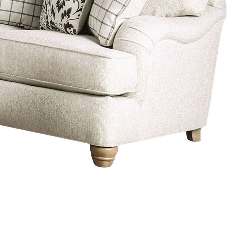 Selly Loveseat, Ivory Fabric, 4 Accent Pillows, Pleated Arms, 65 Inch - Benzara - Benzara image number 3