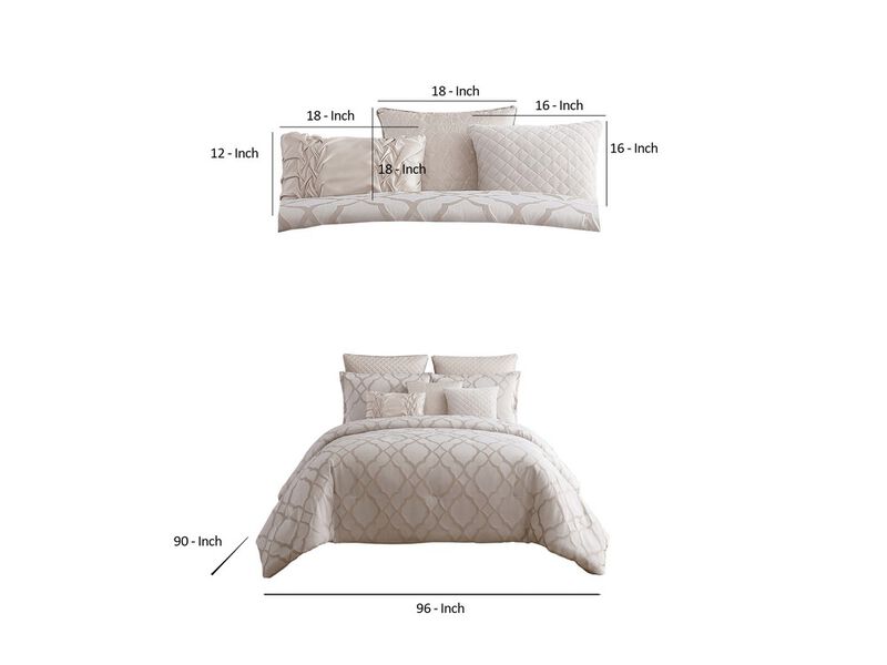 9pc Queen Size Comforter Set with Quatrefoil Prints, White Polyester - Benzara