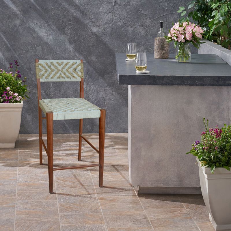 Cero 29 Inch Barstool Chair Set of 2, Wood, Cotton Woven, Brown, Gray - Benzara