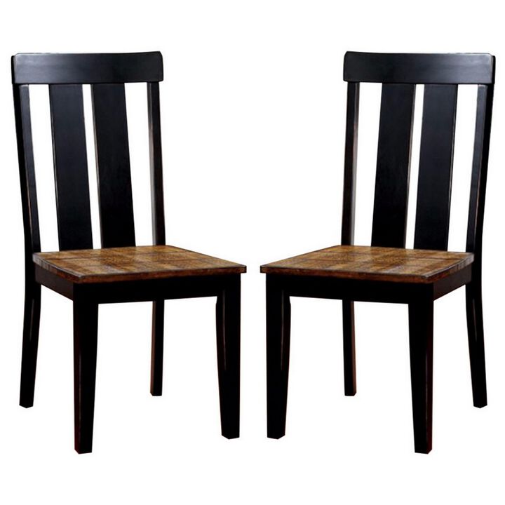 Wooden Slatted Back Side Chairs with Plank Seat, Set of 2, Black and Brown-Benzara