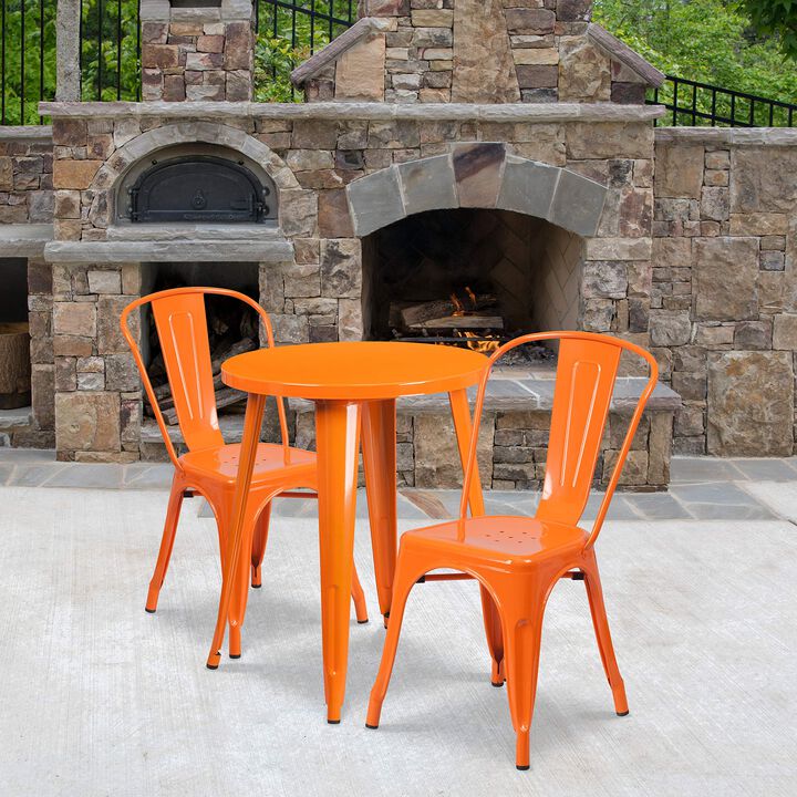 Flash Furniture Commercial Grade 24" Round Orange Metal Indoor-Outdoor Table Set with 2 Cafe Chairs