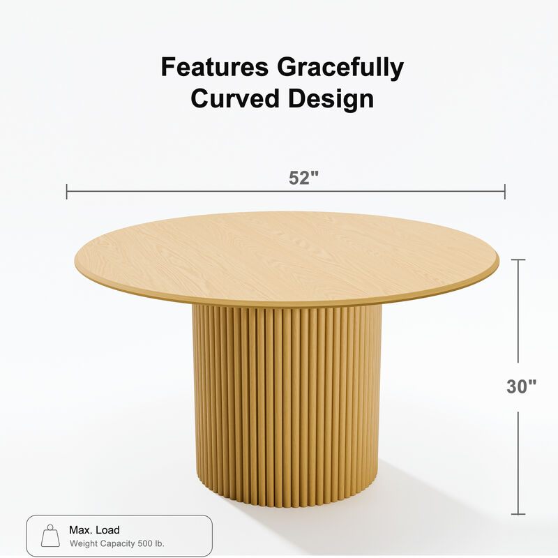 52 Inch Round Natural Wood Dining Table, Seats 4-6 People, Suitable for Living Room and Dining Room