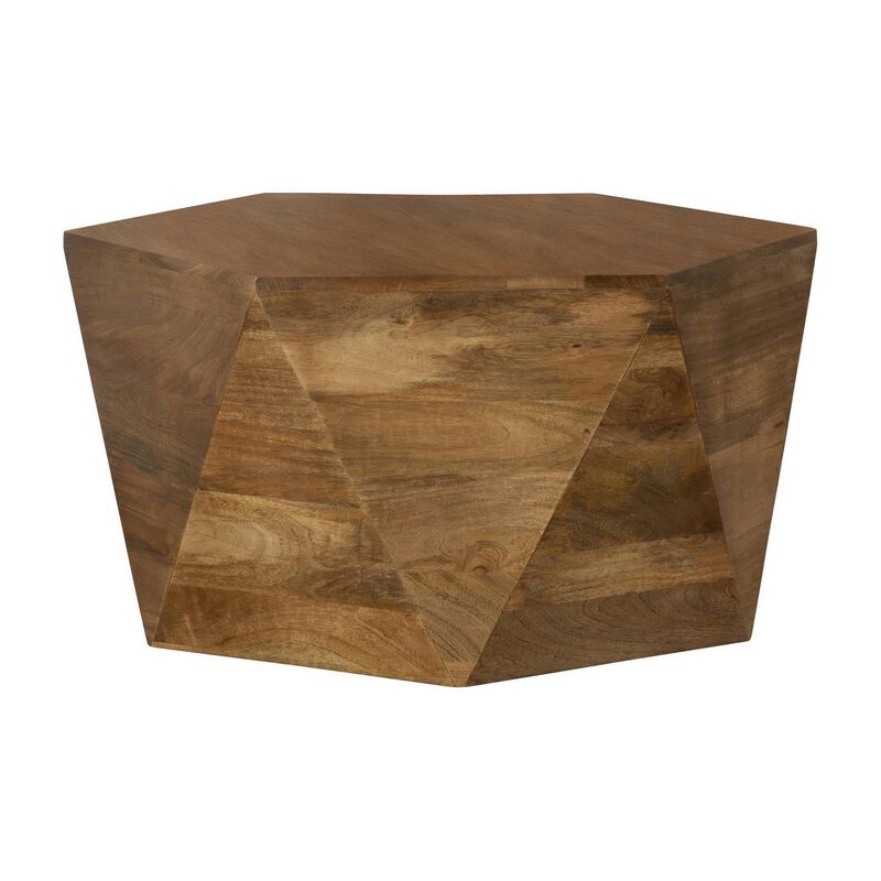 35 Inch Wood Drum Coffee Table, Artisan Hexagonal Rich Natural Brown Finish image number 0