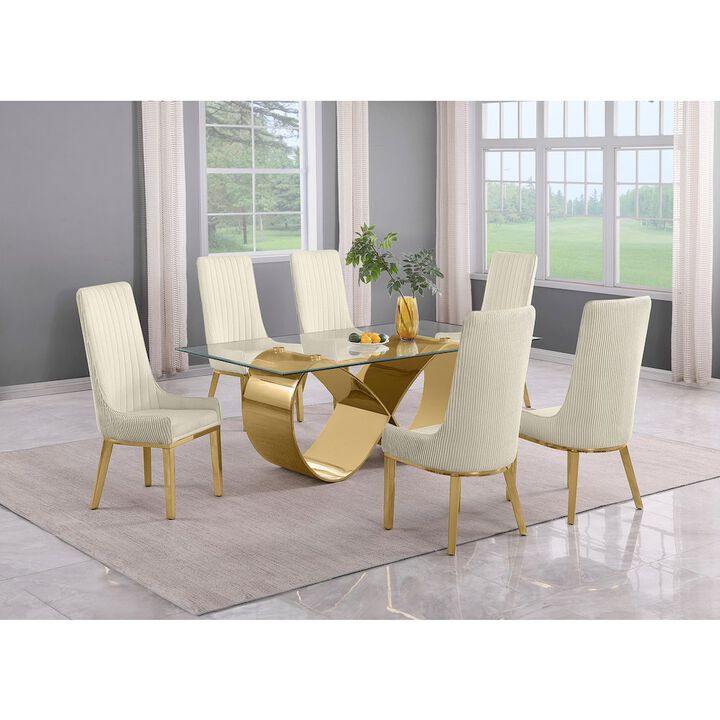 Best Quality Furniture 7Pc Tempered Glass Dining Set With 6 Cream Boucle Side Chairs And A Gold Base