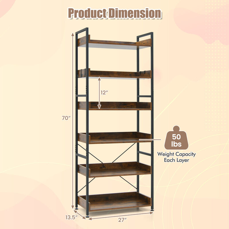 6-Tier Tall Industrial Bookcase with Open Shelves and 4 Hooks