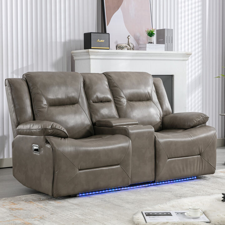 2 Seater Home Theater Recliner Manual Recliner Chair with a LED Light Strip Two Cup Holders and a Storage Box for Living Room,Bedroom