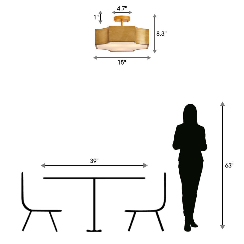 Classic Gold Metal 3-Light Semi-Flush Mount Ceiling Light