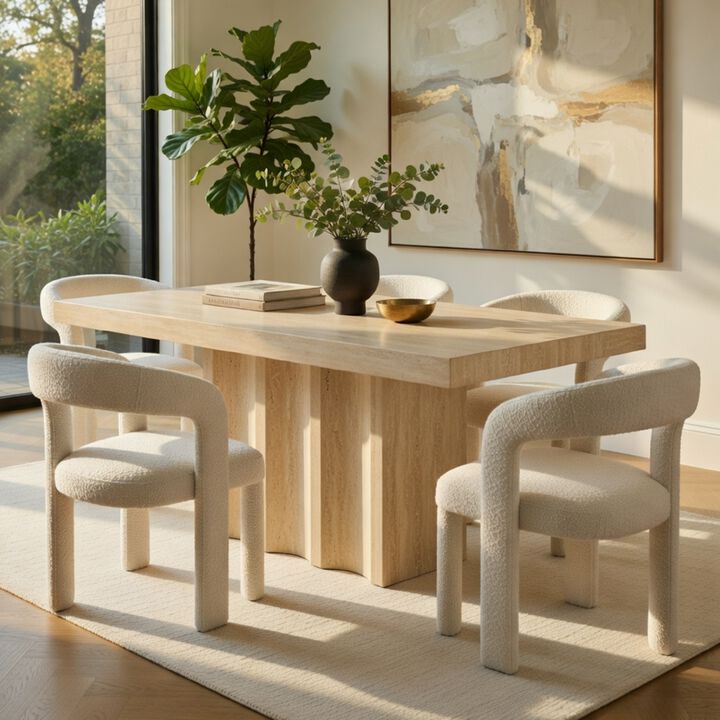 Pia Dining Table, 71 Inch Travertine Top, Fluted Pedestal Base, Brown