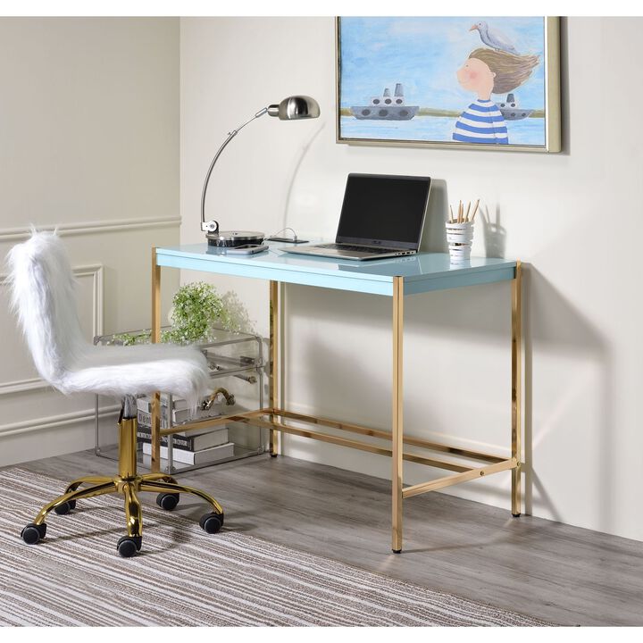 Midriaks Writing Desk w/USB Port in Baby Blue & Gold Finish OF 00023