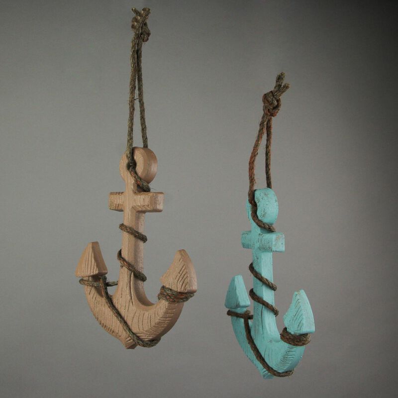 Set of 2 Wooden Ship Anchor Wall Hangings Blue and Brown 8.75 Inches High image number 2