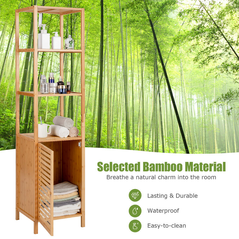 Costway 4 Tiers Bamboo Bathroom Storage Floor Cabinet Tower Corner Rack w/ Louvered Door