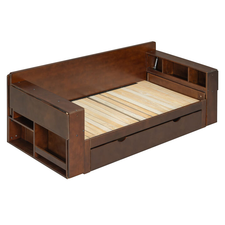 Whisen Full Size Daybed with Removable Desk, Drawers & Hydraulic Armrest, Wood 4-in-1 Multi-functional Sofa Bed for Living Room