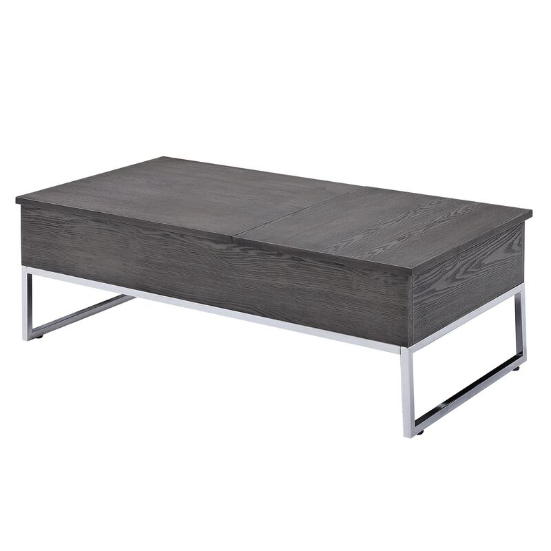 Wooden Coffee Table with Two Lift Tops and Metal Sled Leg Support, Gray and Silver-Benzara image number 1