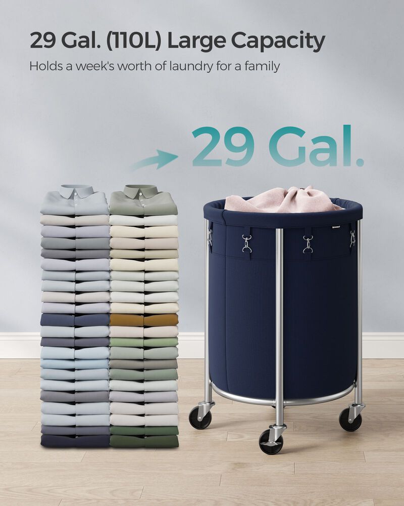 Laundry Basket with Wheels and Removable Bag, Steel Frame, 4 Casters and 2 Brakes