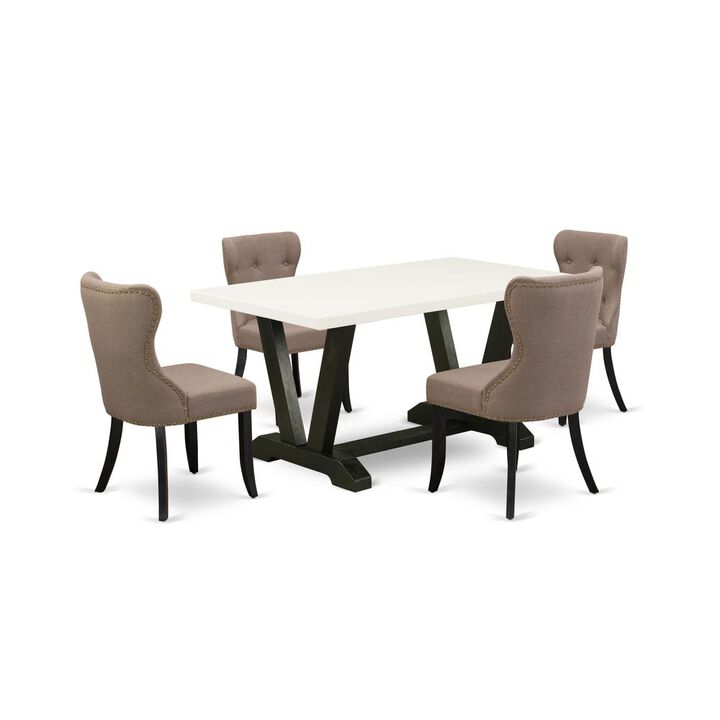 East West Furniture 5-Piece Dining Table Set - Coffee Linen Fabric Seat and Button Tufted Back Dining Chairs and Rectangular Top Modern Dining Table with Wooden Legs - Linen White and Wirebrushed Blac