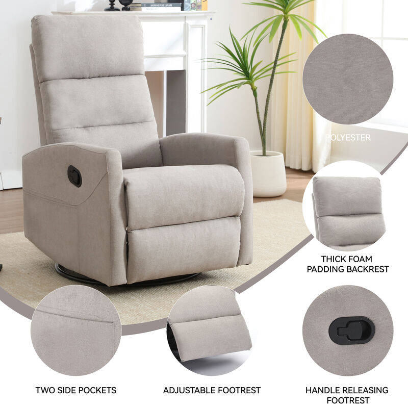 Manual Recliner Chair with Rocker and Swivel in Fabric, Upholstered Accent Chair for Living Room