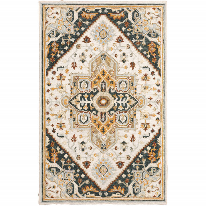 4 X 6 Ivory charcoal gold clay And Muted Blue Oriental Tufted Handmade Stain Resistant Area Rug