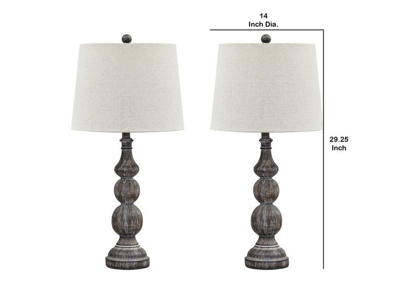 Polyresin Table Lamp with Turned Base, Set of 2, Brown and Off White - Benzara