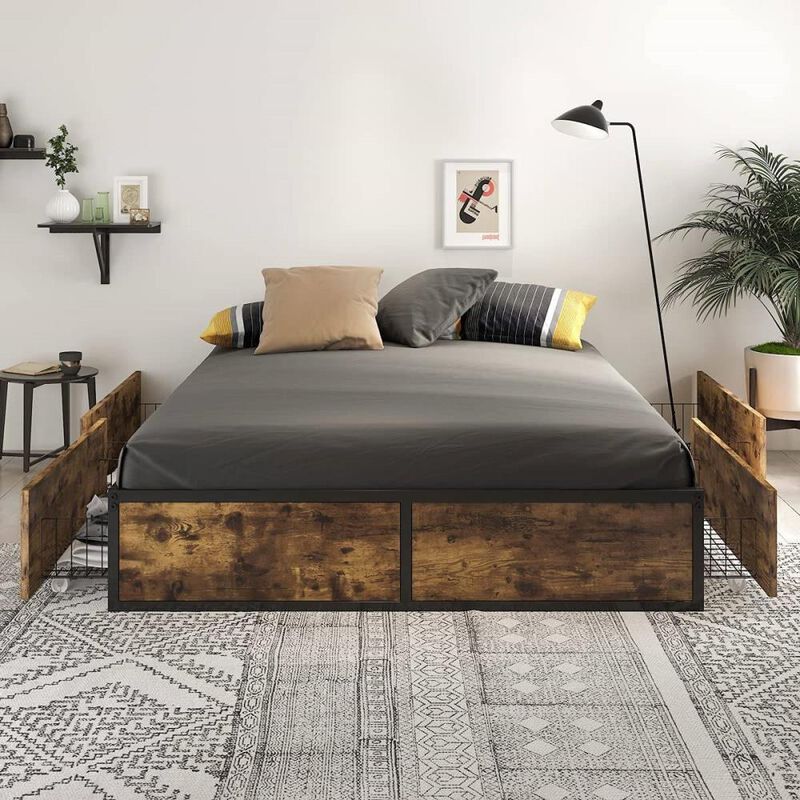 Hivvago Queen Metal Wood Platform Bed Frame with 4 Storage Drawers - 800 lbs Max Weight