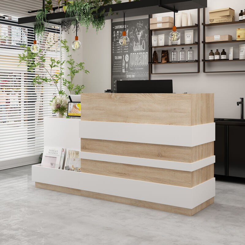 Reception Desk with Drawer & Cabinet, Reception Counter Desk with Keyboard Tray, Front Reception Table Retail Counter for Checkout, for Office Store, Oak and White, 25.2”D x 87.2”W x 47.2”H