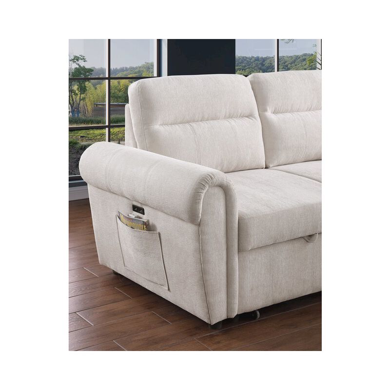 Lilola Home 97W Beige Chenille Reversible Sleeper Sectional Sofa Chaise with USB Charger