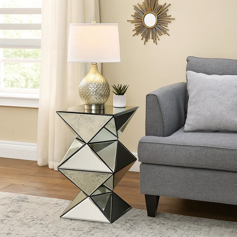 20 Inch Modern End Table, Square Mirror Top, Silver Geometric Pedestal Base