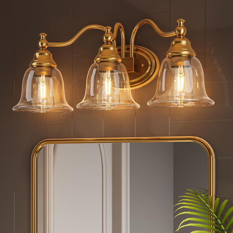 Gold Bathroom Vanity Light, Three-Light Clear Glass Bell Shades image number 3