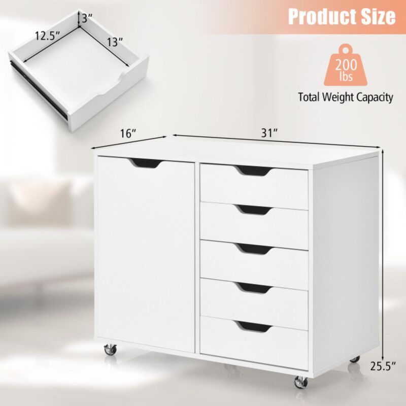 Hivvago 5-Drawer Dresser Chest Mobile Storage Cabinet with Door-White