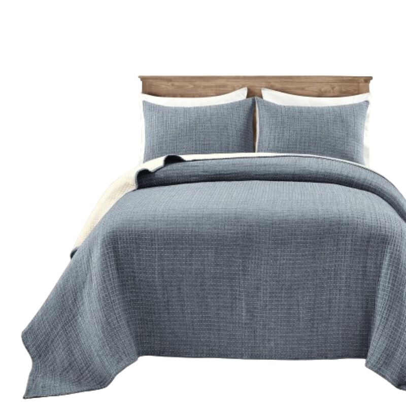 Hivvago Full/Queen Size 3 Piece Reversible Woven Cotton Quilt Set in Navy Cream