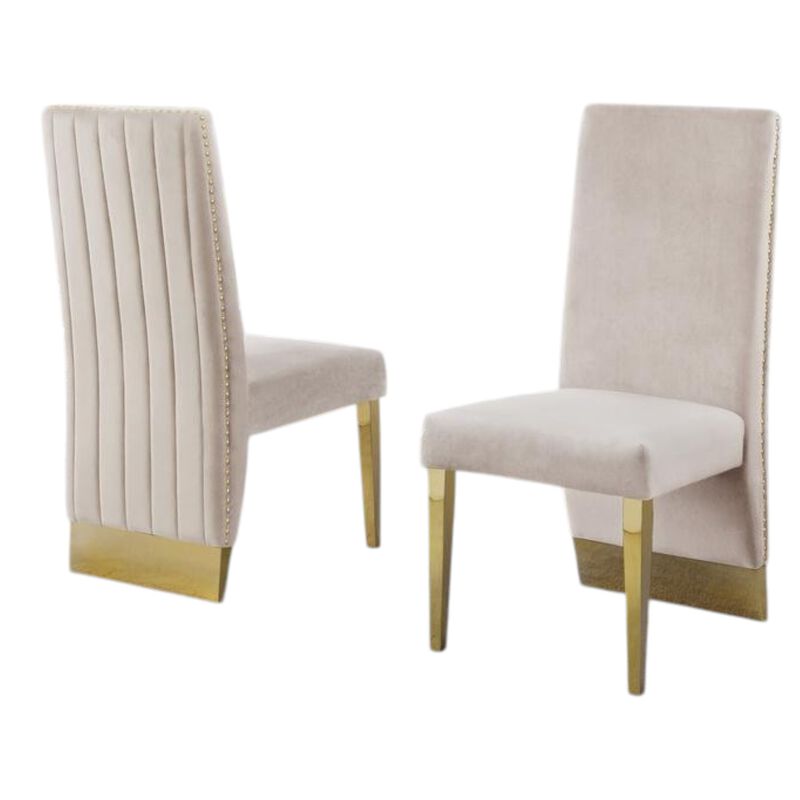 Set of 2 Cream Velvet Tufted Side Chairs with Gold Legs and Nailhead Trim